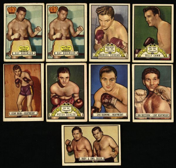 1951 Topps Ringside Boxing Trading Cards w/ (2) Sugar Ray Robinson - Lot of 9