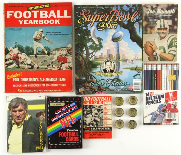 1960s-2000s Football Memorabilia Collection - Lot of 17 w/ Signed Photos, Coke All Star Bottle Caps, Publications & More (JSA)