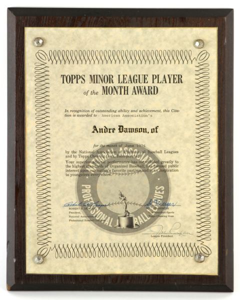 1976 (June) Andre Dawson Denver Bears Topps Minor League Player of the Month Award (MEARS LOA)