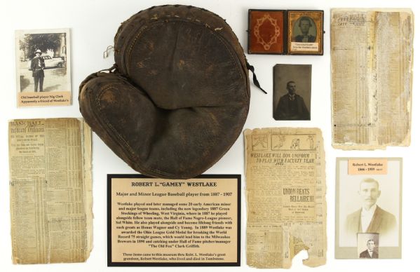 1880s-90s Robert "Gamey" Westlake Baseball Memorabilia Collection - Lot of 9 w/ Canton Repository Summary Card from Cy Young No Hitter