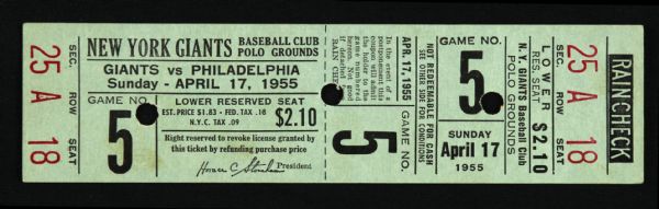 1955 New York Giants Philadelphia Phillies 6 1/4" Full Ticket - Polo Grounds