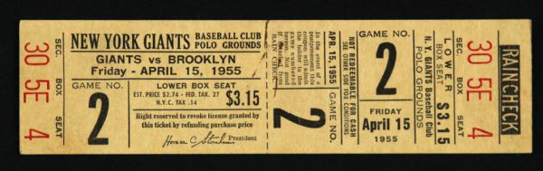 1955 New York Giants Brooklyn Dodgers 1 5/8" x 6 1/2" Full Baseball Ticket - Polo Grounds