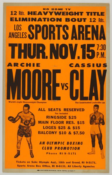 1962 Cassius Clay Archie Moore 14" x 22" On-Site Los Angeles Sports Arena Championship Fight Poster 