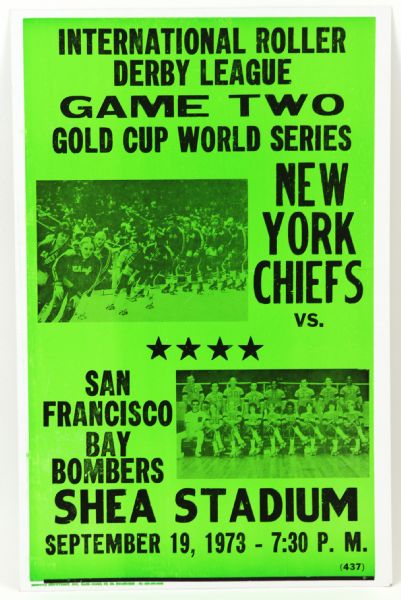 1973 New York Chiefs San Francisco Bay Bombers Shea Stadium International Roller Derby Gold Cup 14" x 22" Broadside