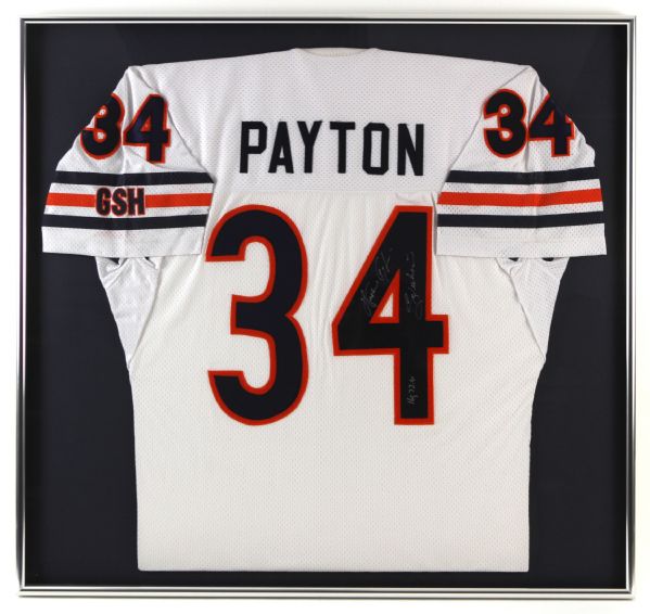 1975-87 Walter Payton Chicago Bears Signed Framed 34" x 36" Stat Jersey (JSA)