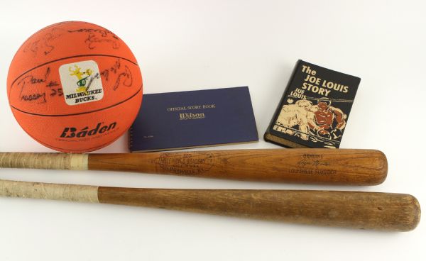 1922-80s Memorabilia Lot w/ 2 Store Model Bats Vintage Score Book Signed Basketball (Lot of 5)