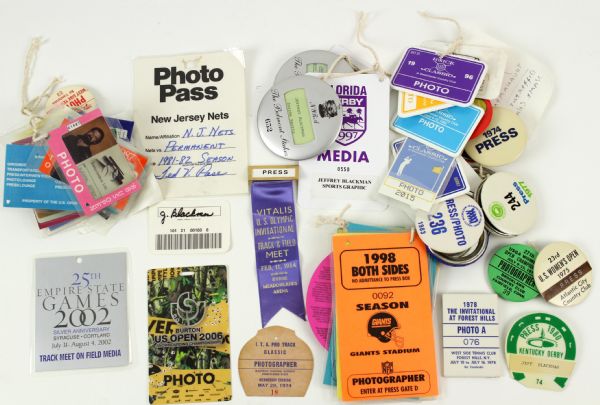 1970s-2000s Photo Credential Collection w/ New York Giants Kentucky Derby Belmont Stakes Passes (Lot of 61) 
