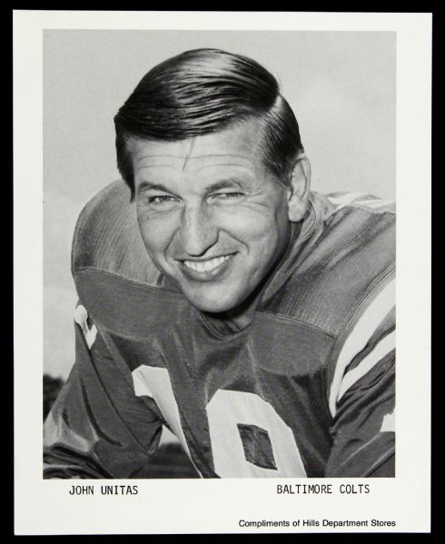 1970s Johnny Unitas Baltimore Colts Compliments of Hills Department Store 8x10 B&W Promotional Photo
