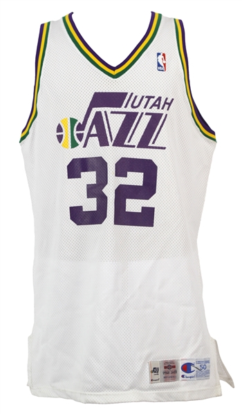 1995-96 Karl Malone Utah Jazz Game Worn Home Jersey (MEARS LOA)