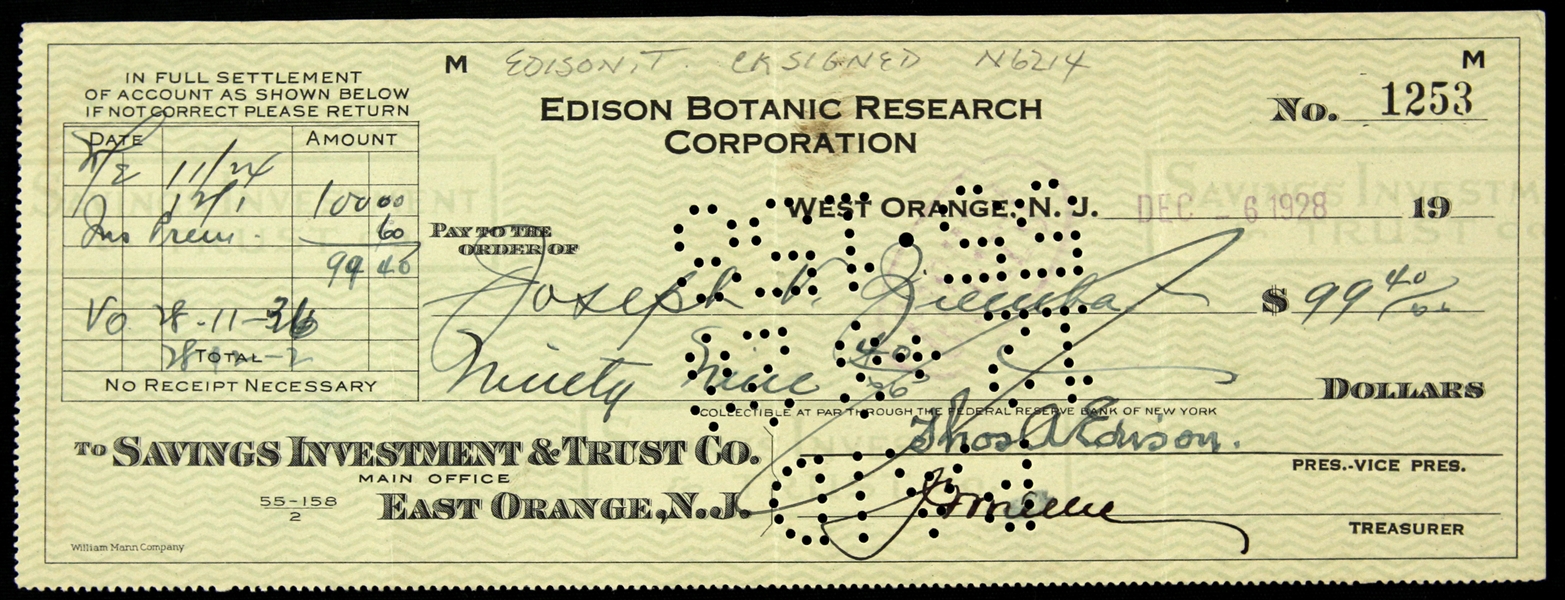 1928 Thomas Edison Signed Edison Botanic Research Corporation Check (PSA/DNA)