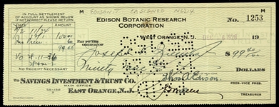 1928 Thomas Edison Signed Edison Botanic Research Corporation Check (PSA/DNA)