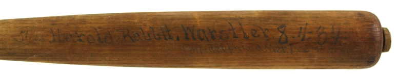 1934 Rabbit Warstler Philadelphia Athletics H&B Louisville Slugger Sidewritten Lathe Bat (MEARS LOA)