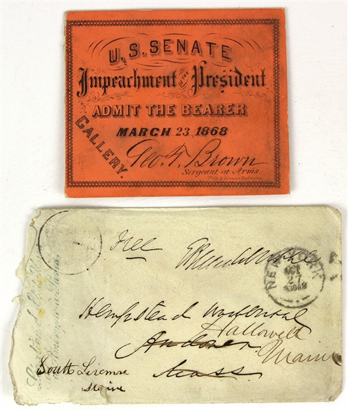 1868 (March 23rd) Andrew Johnson US Senate Impeachment Of The President Gallery Ticket W/ Original Envelope
