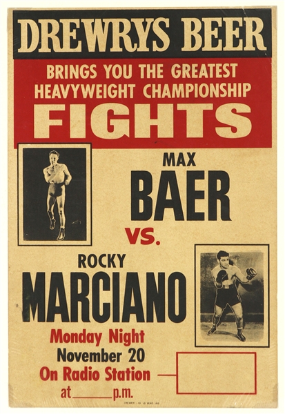 1950s Rocky Marciano Max Baer Drewrys Beer 14" x 21" Fictional Fight Broadside