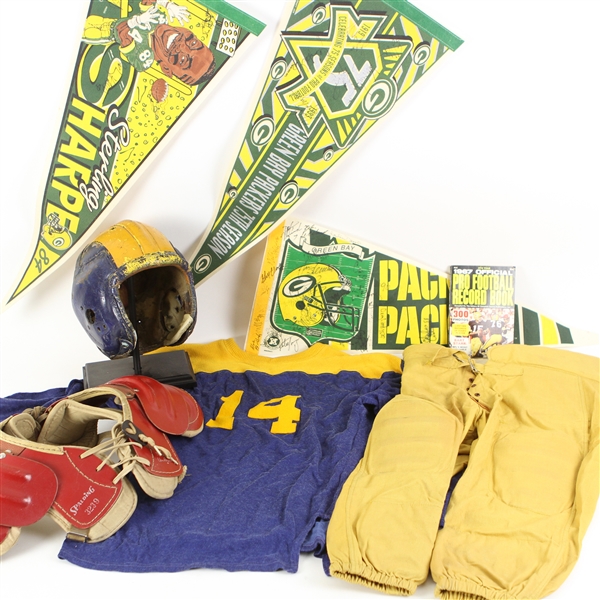 1940s-90s Game Worn Football Equipment & Memorabilia Collection - Lot of 9 w/ Durene Jersey, Norm Van Brocklin Spalding Shoulder Pads, Signed Green Bay Packers Pennants & More (MEARS LOA)