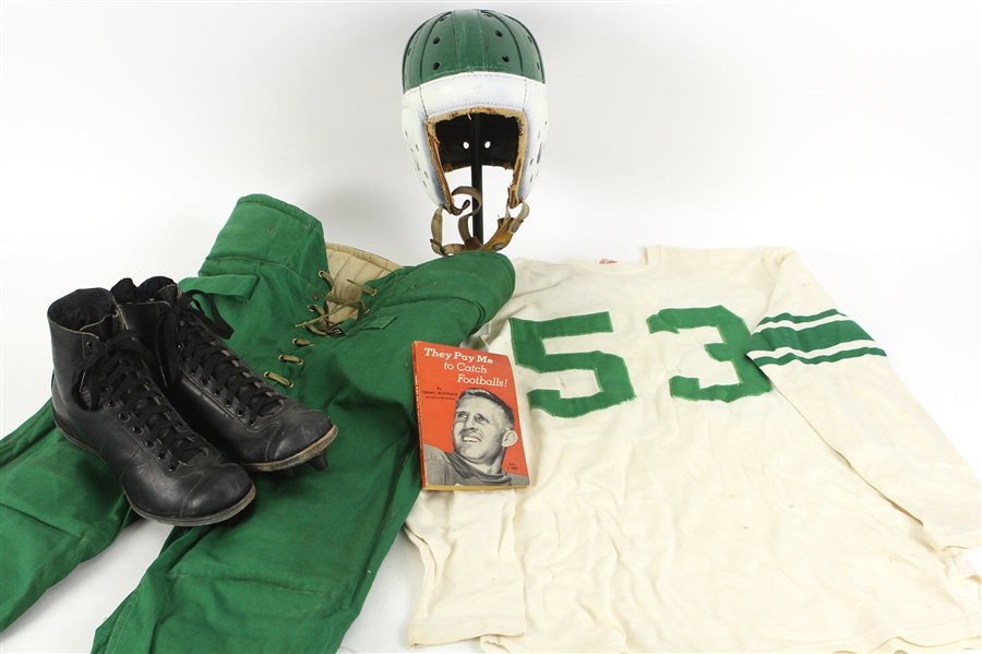 1940s-60s Game Worn Football Equipment - Lot of 4 w/ Lowe & Campbell Durene Jersey, High Top Cleats, Leather Lined Helmet & More (MEARS LOA)