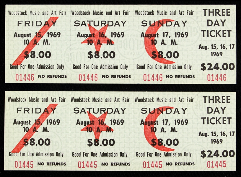 1969 Woodstock Music & Art Fair Unused Three Day Ticket - Lot of 2