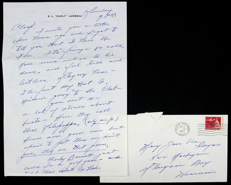 1965 Curly Lambeau Green Bay Packers Hand Written Correspondence to Girlfriend Mary Jane Van Duyse w/ Original Envelope (*JSA*) 