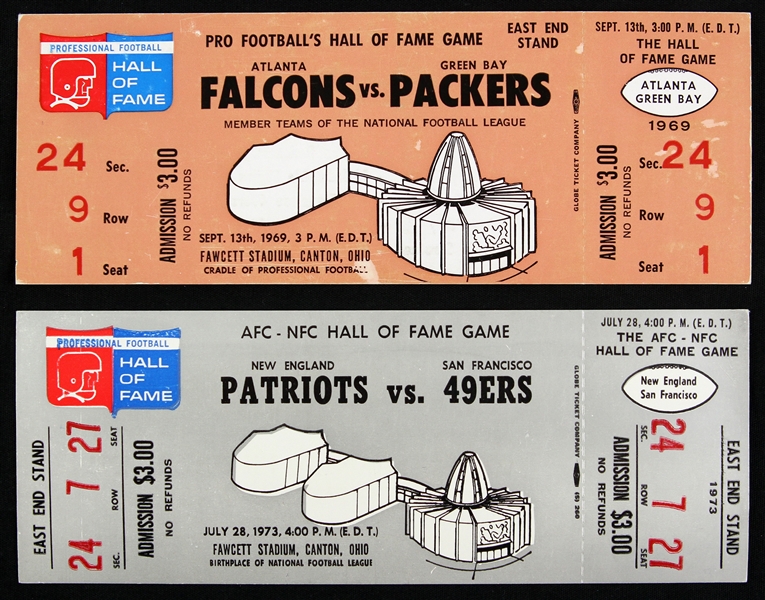1969-73 Packers Falcons Patriots 49ers Hall of Fame Game Full Tickets - Lot of 2