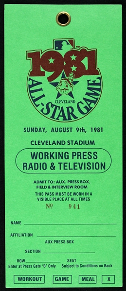 1981 MLB All Star Game Cleveland Stadium Press Pass
