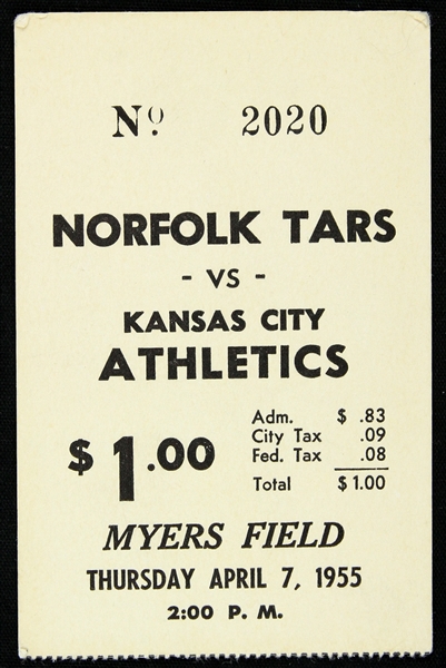 1955 Kansas City Athletics Norfolk Tars Myers Field Exhibition Game Ticket Stub