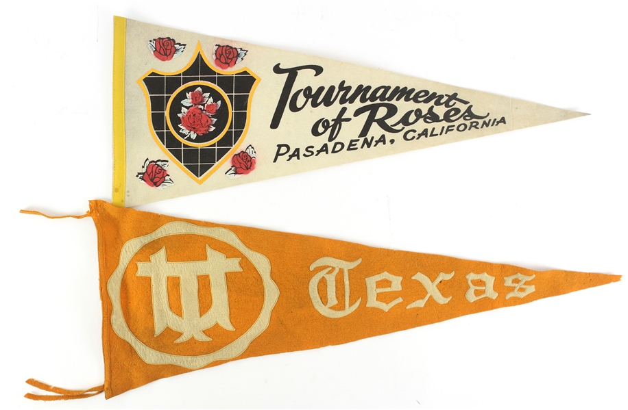 1930s-60s College Football Full Size Pennants - Lot of 2 w/ Texas & Tournament of Roses
