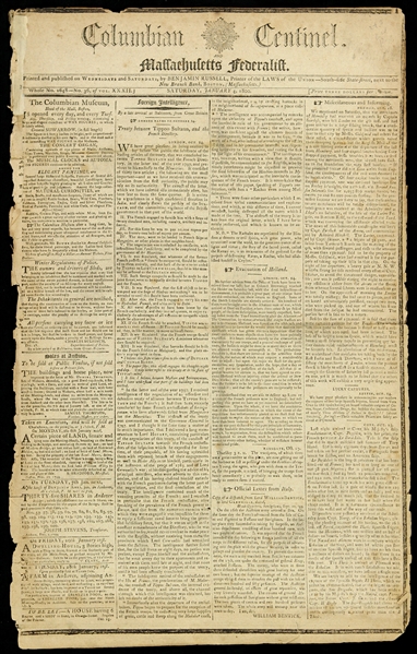 1800 (January 4) George Washingtons Death Columbian Centinel Newspaper