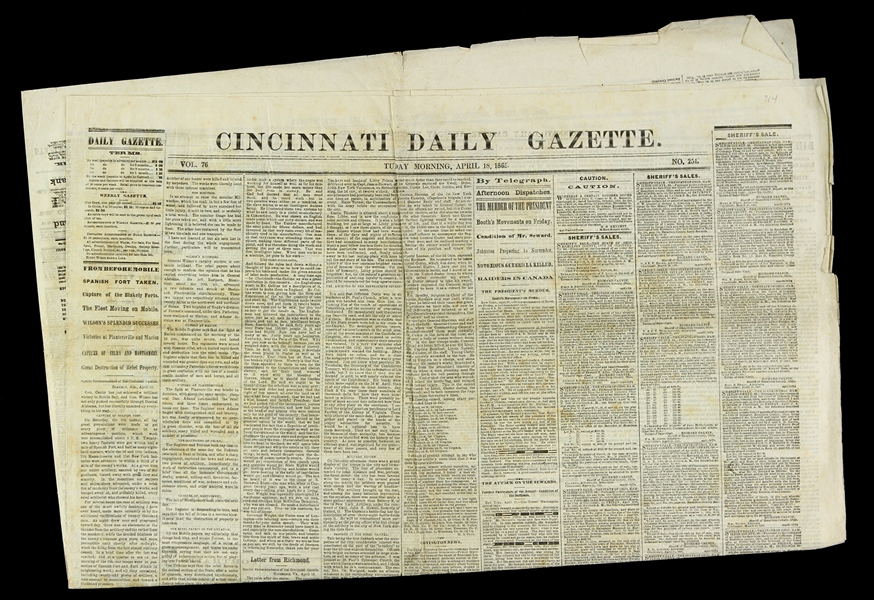 1865 (April 18) Abraham Lincoln Assassination Cincinnati Daily Gazette Newspaper