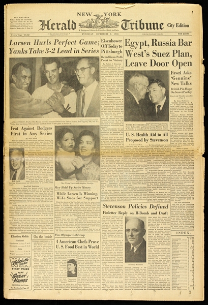 1956 (October 9) Don Larsen New York Yankees World Series Perfect Game New York Herald Tribune Newspaper