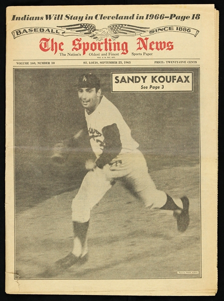 1965 (September 25) Sandy Koufax Los Angeles Dodgers 4th Career No Hitter Sporting News