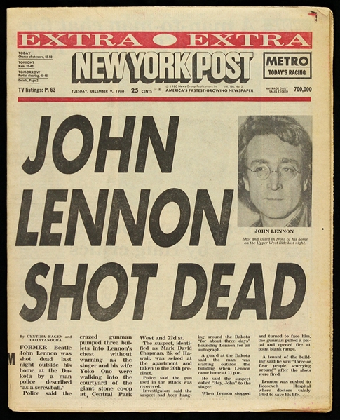 1980 (December 9) John Lennon The Beatles Shot Dead New York Post Newspaper