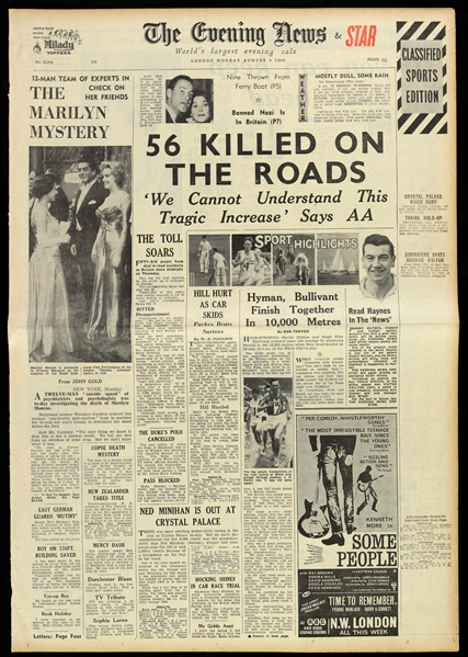 1962 (August 6) Marilyn Monroe Suicide The Evening News & Star Newspaper