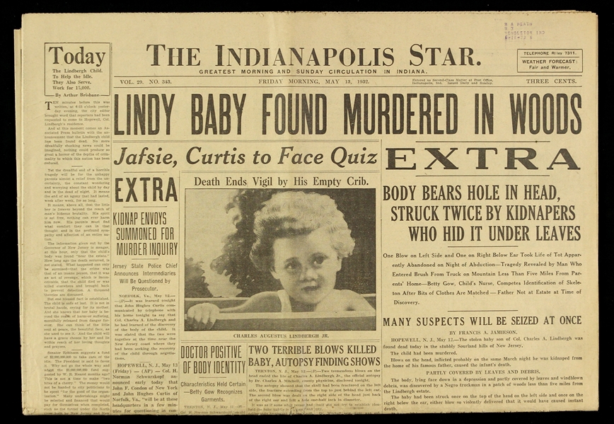1932 (May 13) Murder of Lindbergh Baby Indianapolis Star Newspaper