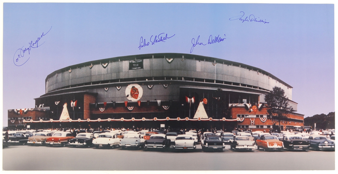 2000s Milwaukee Braves Multi Signed 12" x 24" County Stadium 1958 World Series Photo w/ 5 Signatures Including Johnny Logan, Felix Mantilla, Taylor Phillips & More (JSA)