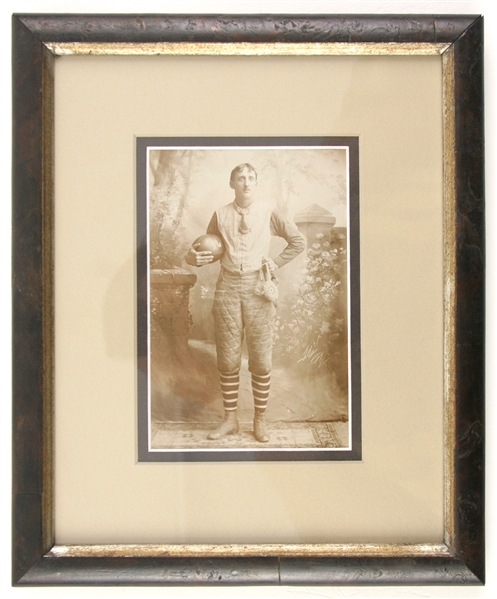 1896 Antique Football Cabinet 5”x7” Photo in Professional Frame (nose guard, harness helmet, quilted pants, 1896 painted football)
