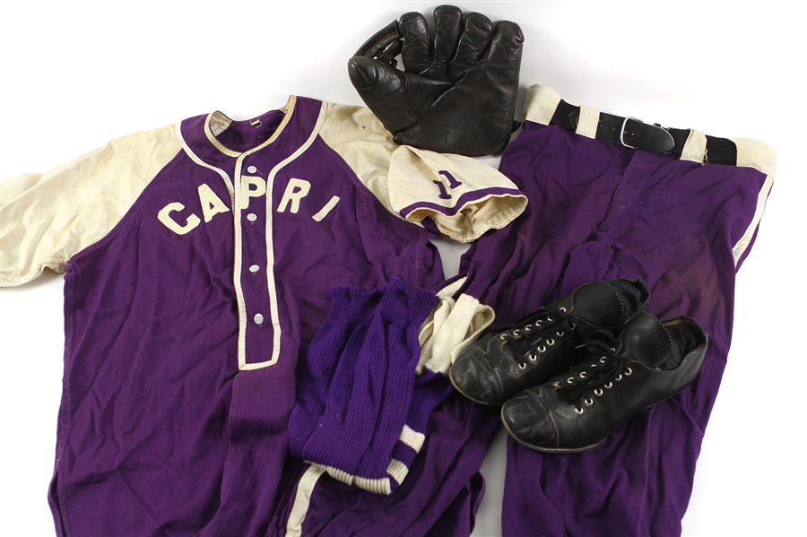 1940s Capri Baseball Uniform w/ Jersey Pants Vintage Glove & Cleats 