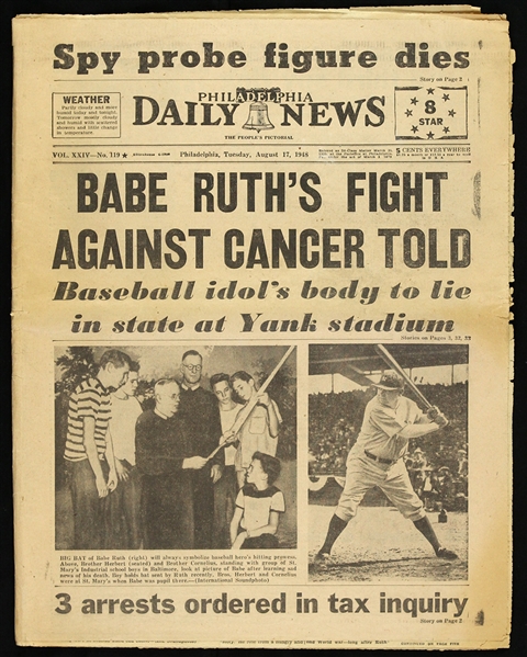 1948 (August 17) Babe Ruth New York Yankees Fight Against Cancer Told Philadelphia Daily News Newspaper