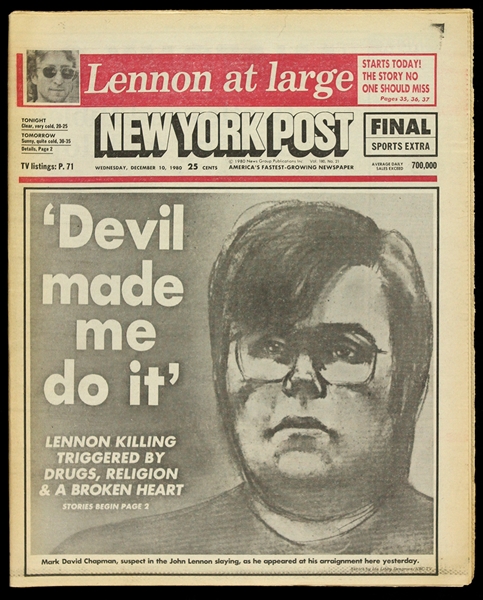 1980 (December 10) Mark David Chapman John Lennon Assassination New York Post Newspaper