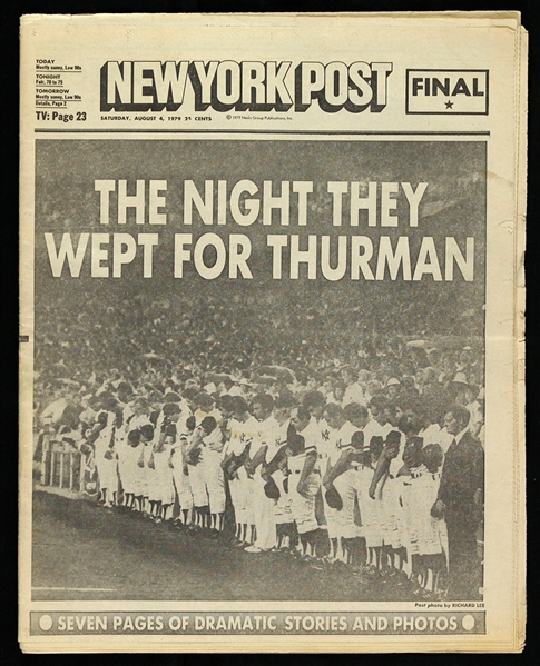 1979 (August 4) Thurman Munson New York Yankees "The Night They Wept For Thurman" New York Post Newspaper