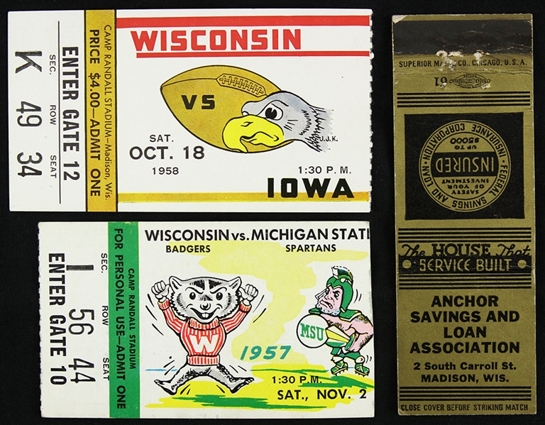 1942-58 University of Wisconsin Badgers Football Ticket Stubs & Matchbook Schedule - Lot of 3