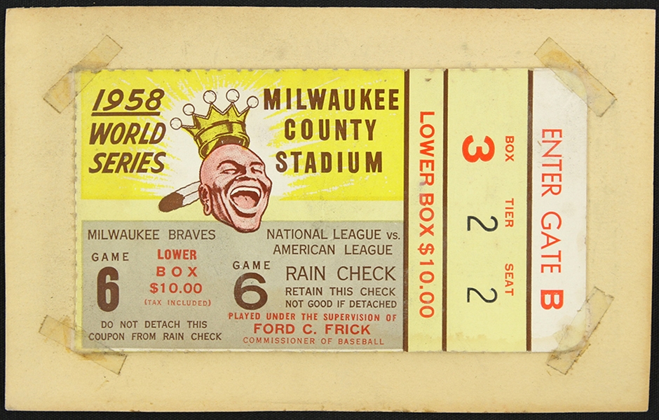 1958 Milwaukee Braves New York Yankees County Stadium World Series Game 6 Ticket Stub