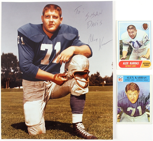 1960s-90s Alex Karras Detroit Lions Signed 8" x 10" Photo (Secretarial) & Trading Cards - Lot of 3 (JSA)