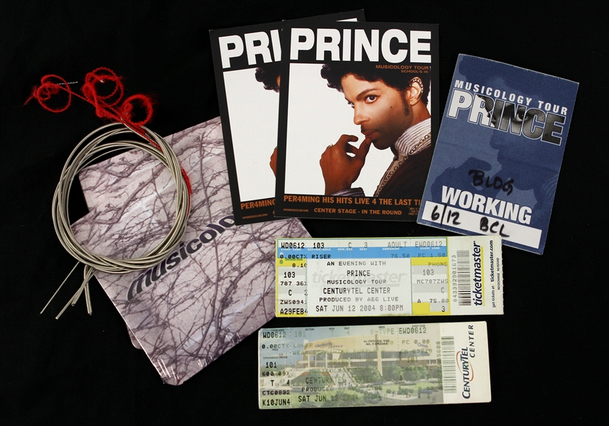 2004 Prince Musicology Tour Memorabilia w/ Bass Strings, Working Credential, Tickets, CDs & More - Lot of 8