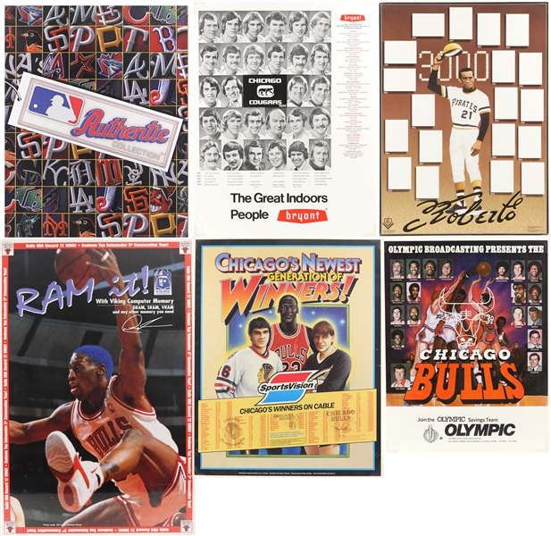 1970s-2000s Basketball Baseball Hockey Poster Collection - Lot of 6 w/ Michael Jordan, Roberto Clemente, Chicago Cougars & More