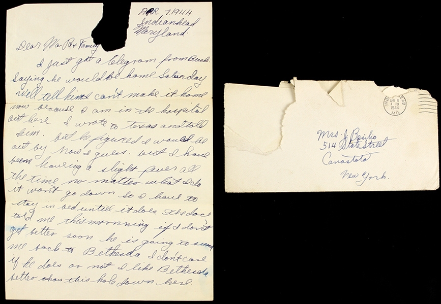 1944 WWII Era Correspondence Addressed to Mother of Carmen Basilio w/ Original Envelope (Carmen Basilio Estate)