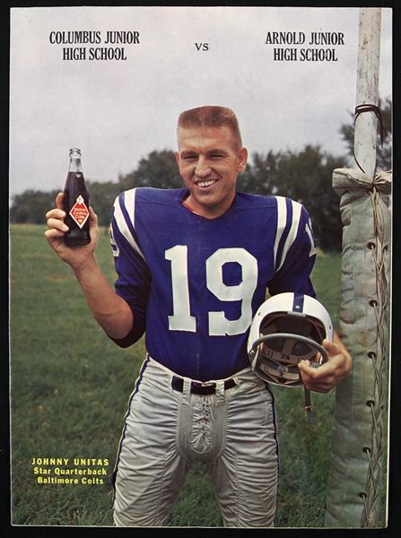 1965 Columbus Junior High School vs. Arnold Junior High School Football Program w/ Johnny Unitas Royal Crown Cola Cover 