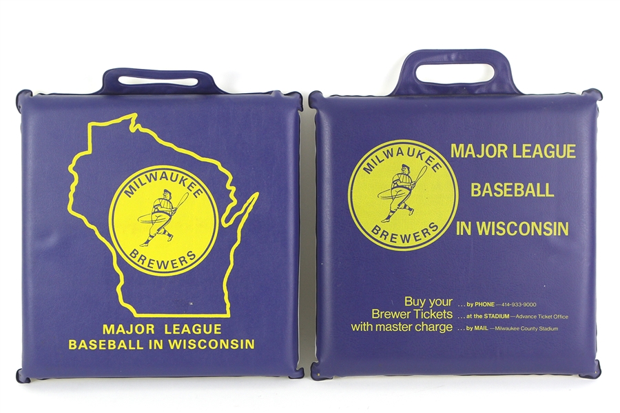 1970s Milwaukee Brewers Barrelman Logo "Major League Baseball in Wisconsin" Seat Cushions - Lot of 2 