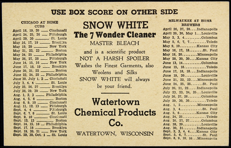 1932 Chicago Cubs Milwaukee Brewers AAA Snow White the 7 Wonder Cleaners 3.5”x5.5” Score Card Schedule