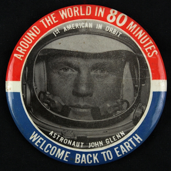 1962 John Glenn around the World in 80 Minutes Welcome Back To Earth 3.5” Pinback Button