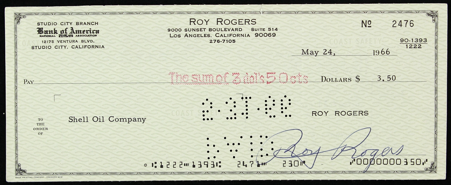 1966 Roy Rogers Singing Cowboy Signed Personal Check (JSA)